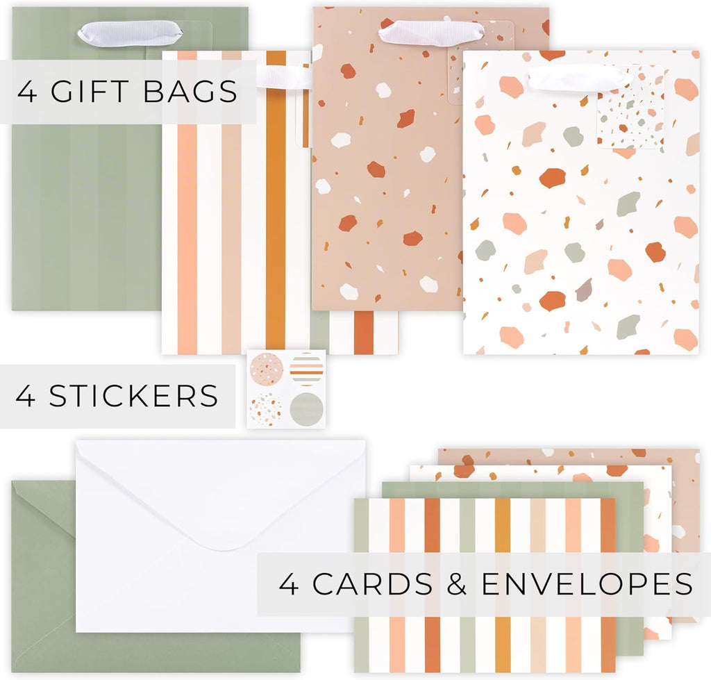 Beautiful Gift Bags Set of 4 - Medium Sized 9" Bags with Handles incl. Matching Tissue Paper, Cards & Small Stickers - Reusable & For Presents of Any Birthday, Weddings, Mothers Day & Other Occasion