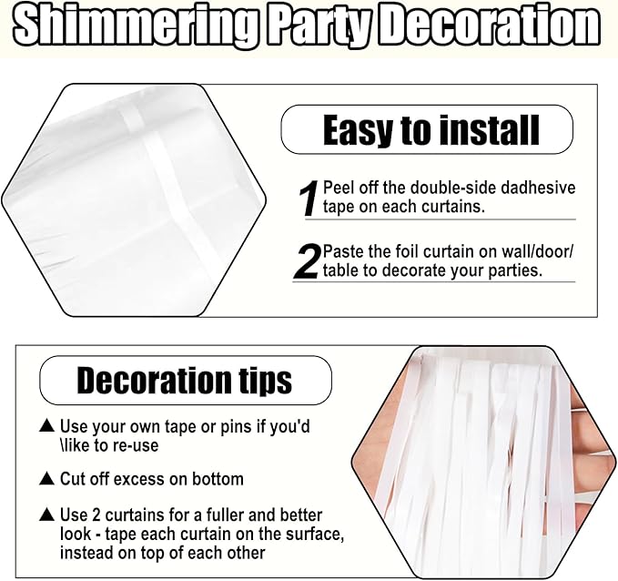 6 Pack White Foil Fringe Curtain Backdrop, 3.28Ft x 8.2Ft Metallic Tinsel Foil Fringe Streamer Curtains for Photo Booth, Birthday, Wedding, New Year Party Decorations