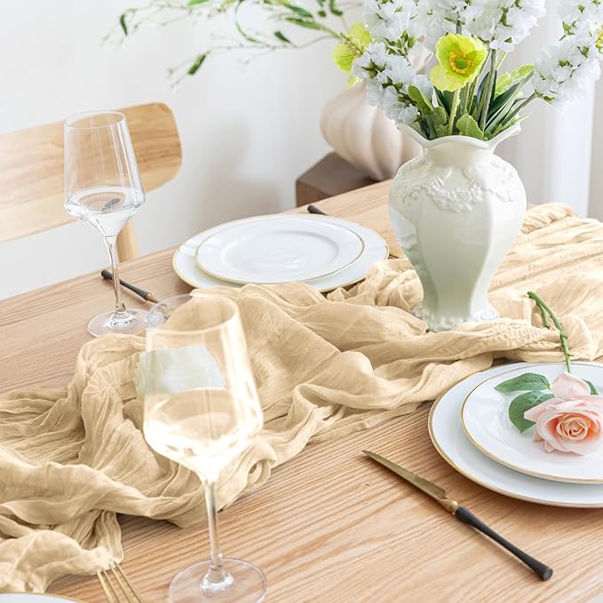 Asee'm Cheesecloth Table Runner 120 Inches Long Sand Boho Gauze Cheese Cloth Runner 10FT Rustic Sheer Fall Table Runners for Thanksgiving Wedding Party Baby Shower Decoration