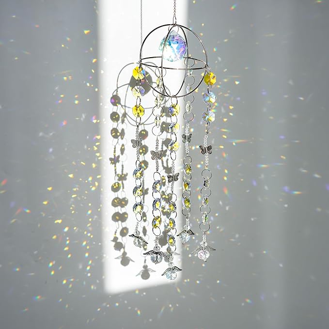 Garden Suncatcher Crystal Pendant Round Shaped Glass Prisms Beads Chain Hanging Angel Ornament Rainbow Maker Aura Prism Glass Crystal Sun Catchers