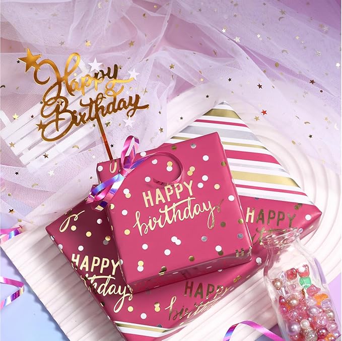 LeZakaa Reversible Pink Birthday Wrapping Paper Roll for Girls Women, Happy Birthday Lettering & Stripe Pattern with Metallic Foil in Rose Pink, Mini Roll, 17 inches x 32.8 Feet (46.45 sq.ft.)