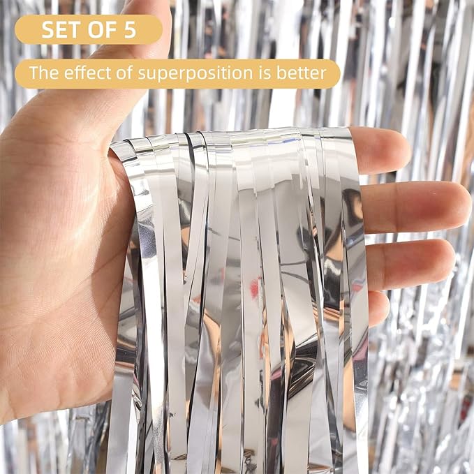 5 Pack Silver Foil Curtain Backdrop 3.2ft x 9.8ft Metallic Tinsel Foil Fringe Curtains Streamer Photo Booth Backdrop for Birthday Party Engagement Bachelorette Party Decorations (Silver)
