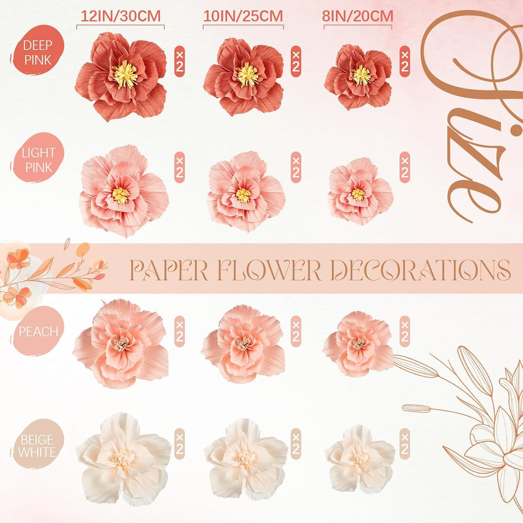 Cholemy 24 Pcs Tissue Paper Flowers, Crepe Paper Flowers Decorations 8" 10" 12" for Wedding Party Baby Bridal Shower Carnival Party Birthday Nursery Wall Decor (Assorted Color)