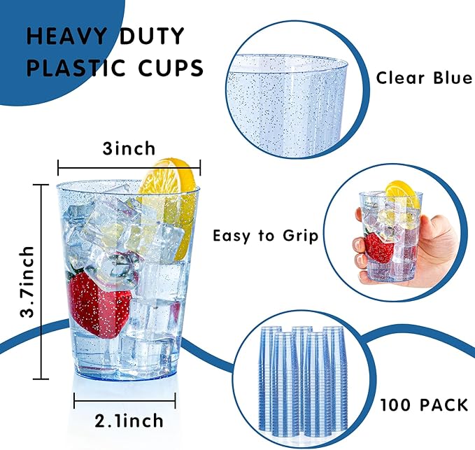 DaYammi 100 Pack Blue Plastic Cups 10 oz Disposable Cups Tumblers, Elegant Blue Glitter Party Drinking Cup Perfect for Wedding, Fancy Disposable Cup Plastic Cocktail Glasses Wine Glasses for Party
