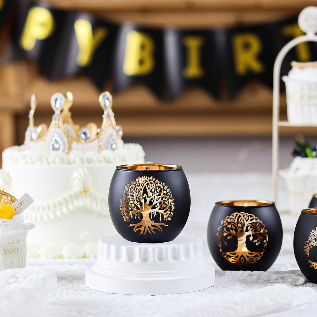 SHMILMH Black Gold Votive Candle Holders 6 PCS Tree of Life Glass Tealight Candle Holders Wedding Decorations for Reception, Birthday Party, Baby Shower, Bridal Shower Table Centerpiece Decor