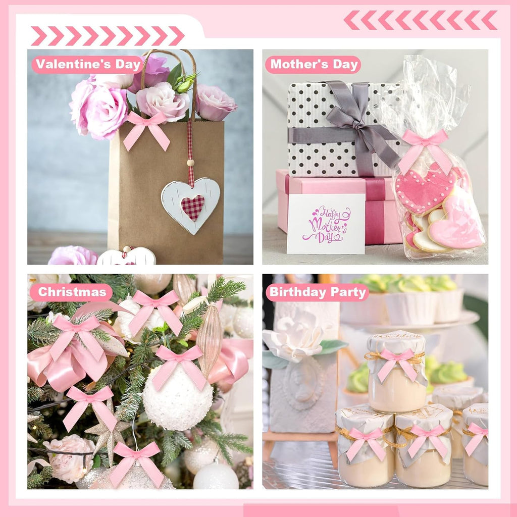 120 Pcs Mini Pink Bows for Crafts with Self-Adhesive Dot, 1.57" Small Satin Ribbon Bows for Gift Wrapping Cake Decorations Sewing Scrapbook Card Making Wedding Bow Party Decoration