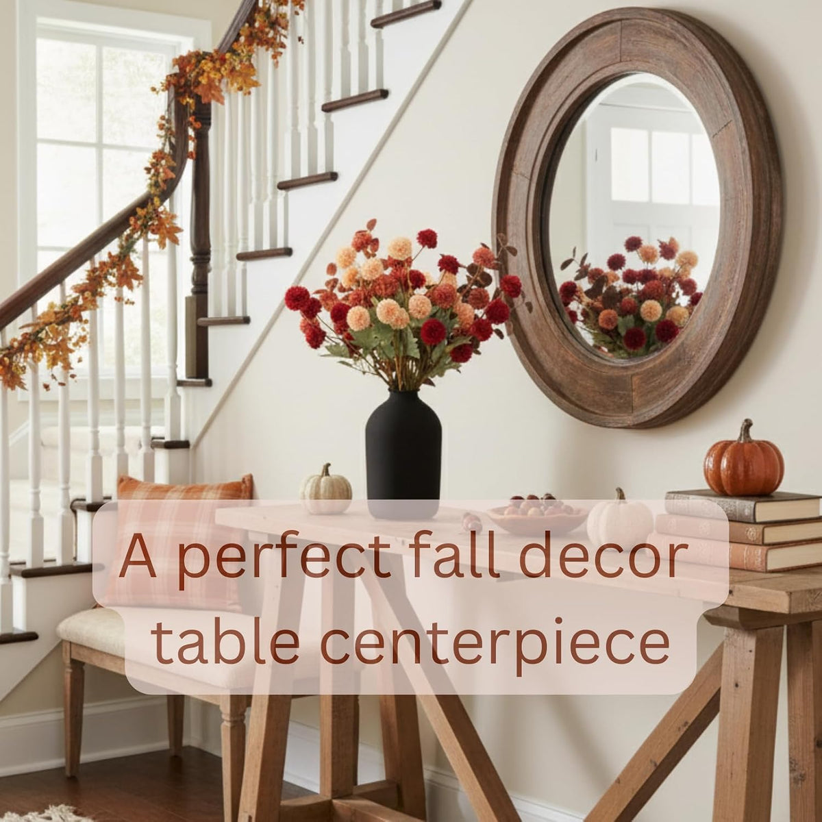 faux fall flowers, burnt orange artificial floral stems shown in use