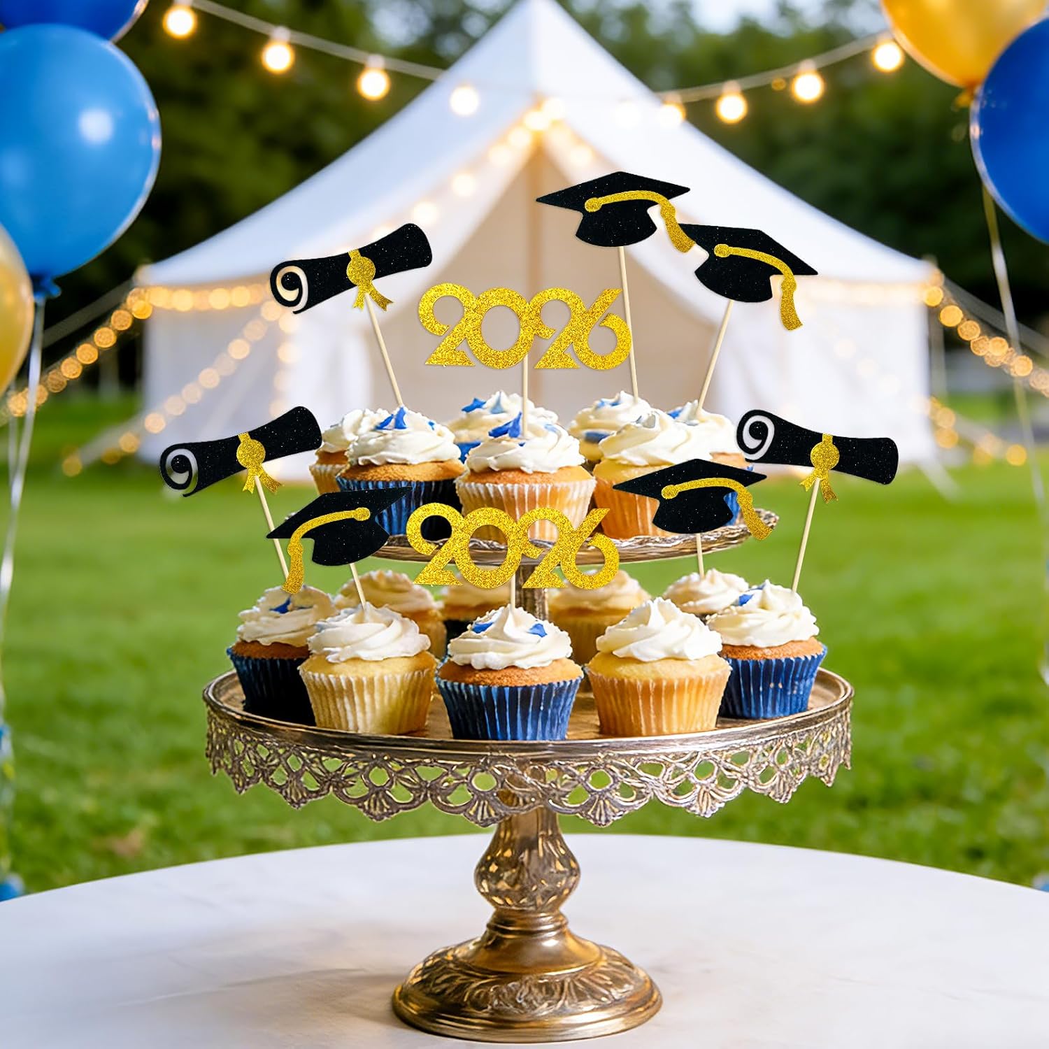 2026 Graduation Cupcake Toppers 48 Pack, Pre-Assembled Food & Appetizer Picks, Black Gold Grad Cap & Diploma Cupcake Decorations for Graduation Party