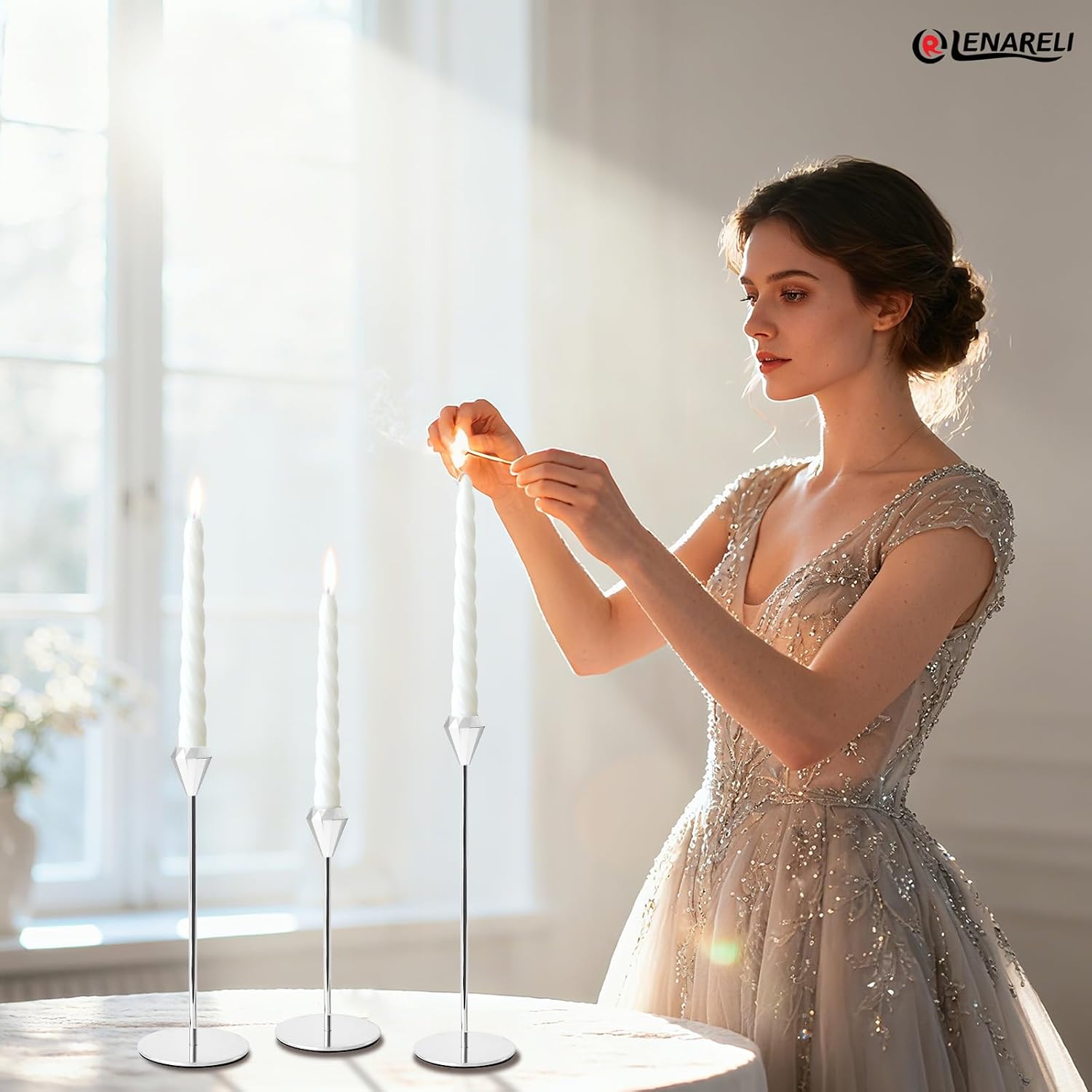 6-PC Silver Tall Candlestick Set for Dining Tables & Fireplaces, Perfect for Weddings, Holidays, Housewarming Parties and New Home DecorNew Store