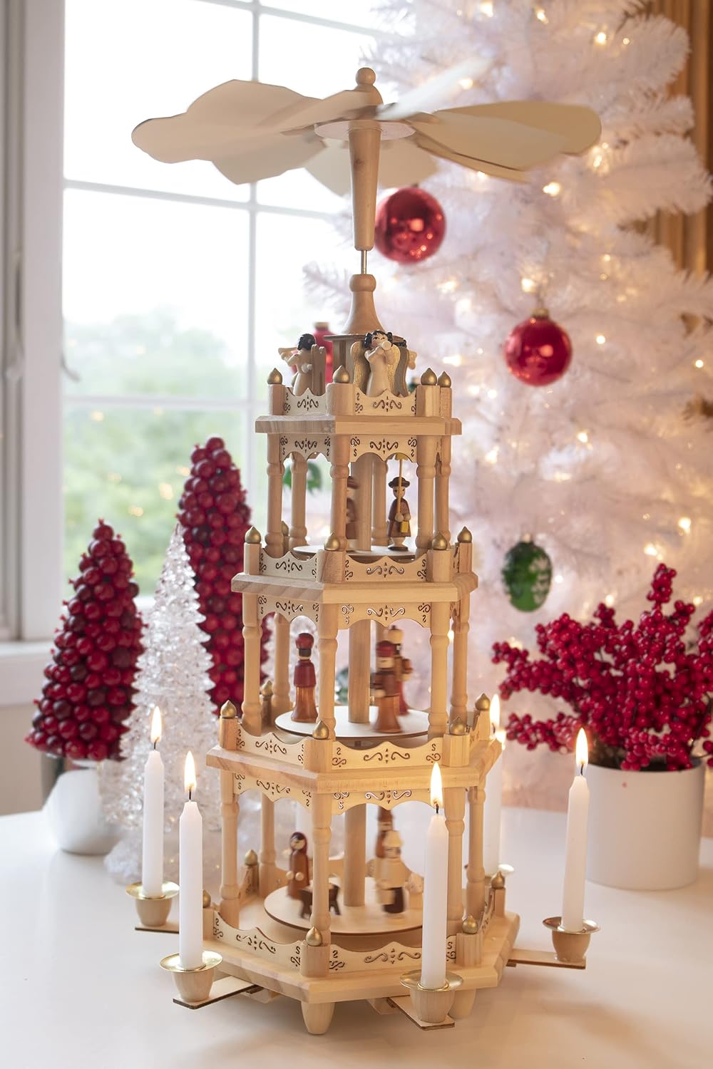 Clever Creations Beige Four Tier Carousel 22 Inch Traditional Wooden Christmas Pyramid Decoration, Festive Christmas Décor for Shelves and Tables