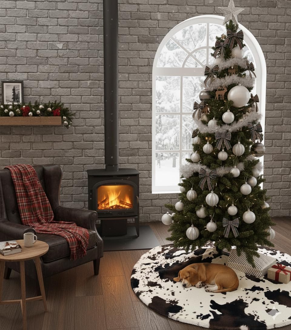 AOGU 48 Inch Cow Faux Fur Christmas Tree Skirt Holiday Decor for Xmas Tree, Festive Party, Home Decorations