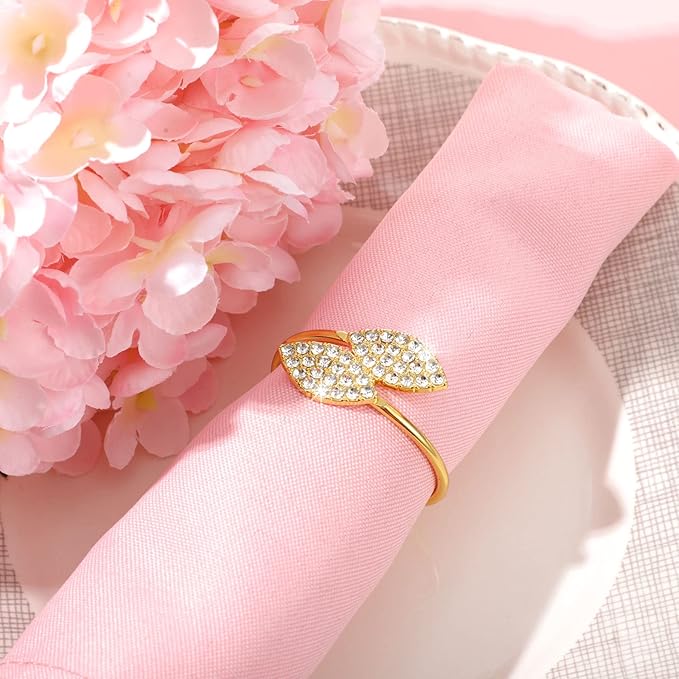 Hotop 500 Pcs Napkin Rings Gold Table Decorations, Elegant Bling Leaves Napkin Rings, Rhinestone Guest Towels Buckle for Wedding Gold Party, Thanksgiving Christmas Dinner Banquet Table Decoration