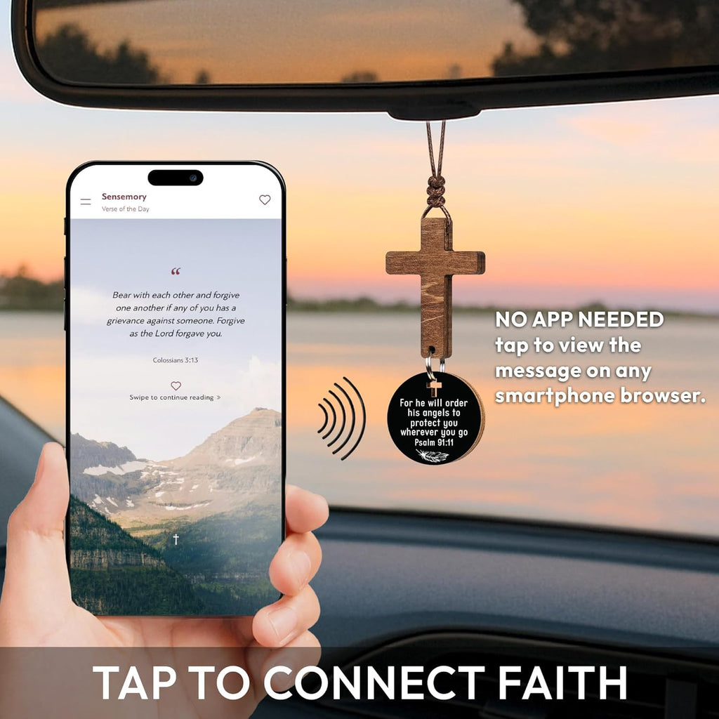 Christian Gifts for Men, Daily Bible Verse Cross for Car Mirror Hanging | Scan with Your Smartphone for a Daily Scripture, Wooden, 2,7"x1,2", Handmade, Durable