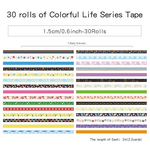 30 Rolls Colorful Theme Washi Tape Set with Different Colorful Patterns, Writable Decorative Tapes for Scrapbooking, Bible Journaling, Bullet Journaling, 0.6'' x 79'' per Roll