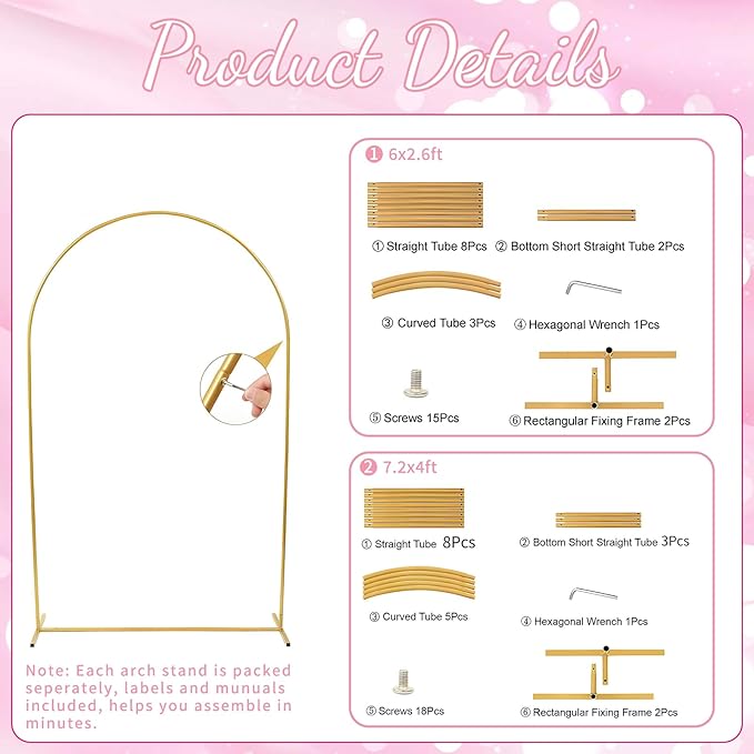 2pcs Arch Backdrop Stand - 7.2ft/6ft Gold Metal Flower Balloon Arch Frame Stand for Wedding, Birthday Party, Christmas, Baby Shower, Bridal Shower, Graduation Photography Decoration