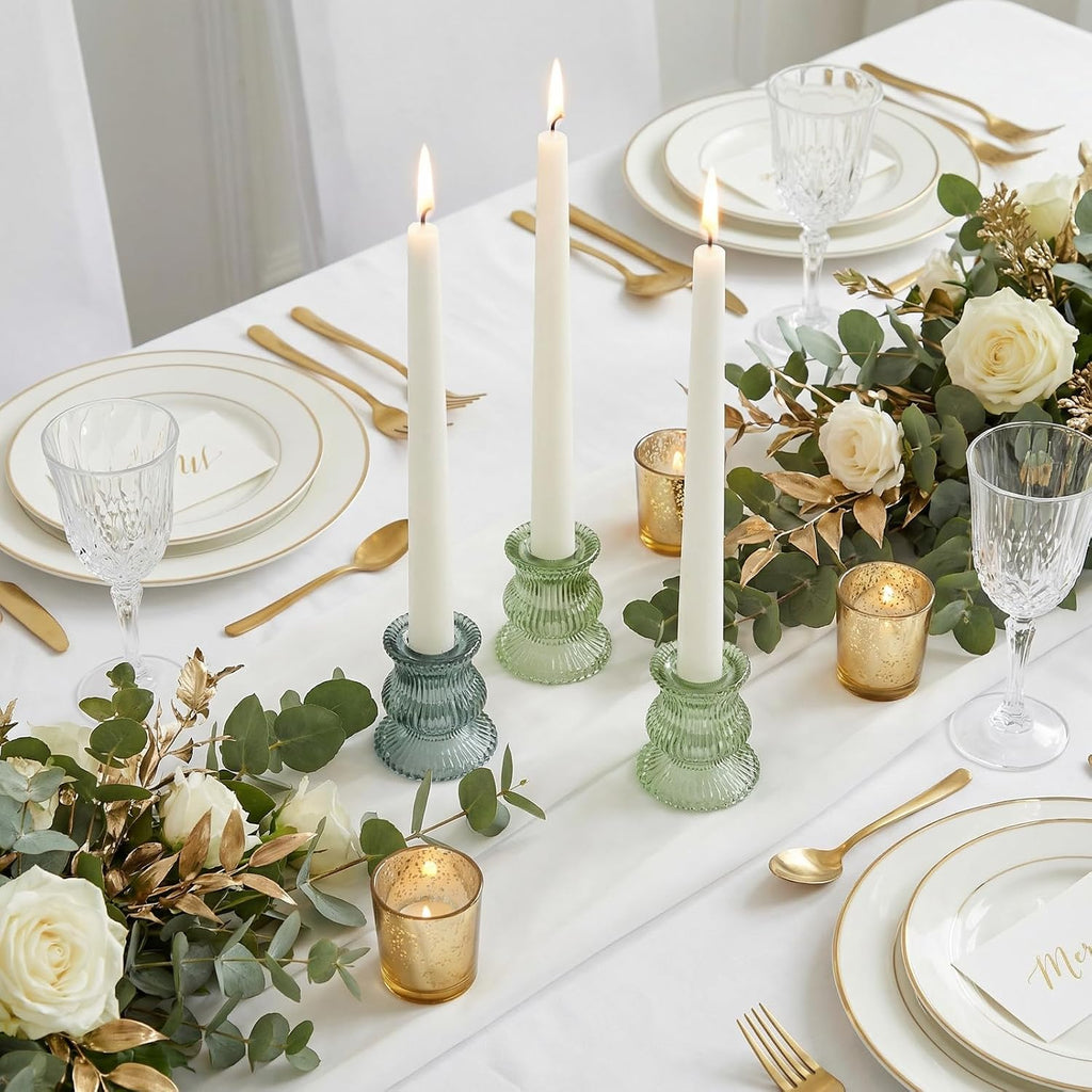 Green Glass Candle Holders 12 Pcs, Ribbed Taper Candle Holders Bulk, Vintage Candlestick Holders for Sage Green Wedding Centerpieces, Christmas Table Decor, Party & Easter Home Decor