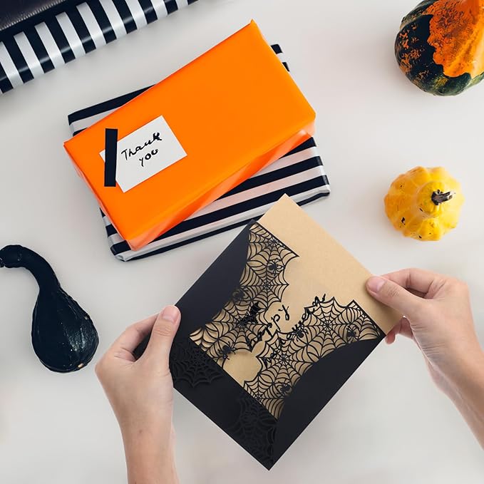Halloween Party Invitations Cards, 10 Pcs Laser Cut Spider Web Design with Bowknots and Envelopes, Black and White