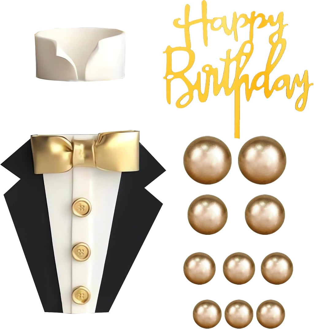 Suit Cake Topper Boss Cake Decorations with Golden Balls for Birthday Father Theme Decoration