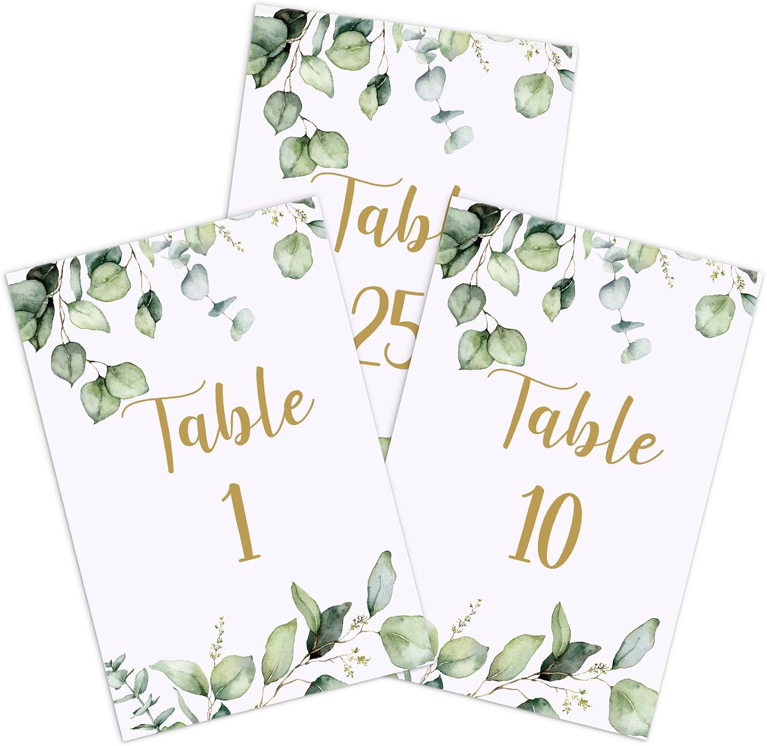 Zonon 26 Pieces Wedding Table Numbers Cards 1-25 with Head Table Numbers Greenery Eucalyptus Double Sided Cards Party Centerpiece for Wedding Reception Baby Shower Birthday Bridal Party(Gold)