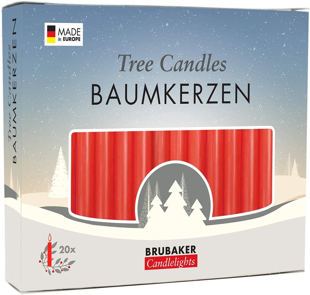 BRUBAKER Tree Candles - Pack of 20 - Red - 3¾ x ½ Inches (9.5 x 1.27cm) - Made in Europe - Pyramids, Carousels & Chimes