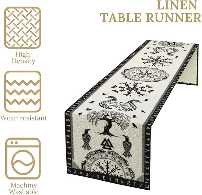 Ancient Abstract Pattern Table Runner, Tree of Life Eagle Dragon Boat Rudder Black and White Table Runner for Party Kitchen Dinner Cafe Bedroom Living Room Outdoor 13x70 Inch