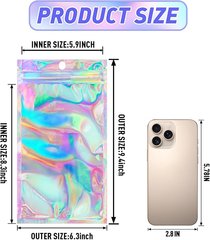 Funfery 50 Pcs Smell Proof Holographic Resealable Bags,6.3x9.4in Clear Window,Mylar Foil Baggie with Zipper,Sealing Pouch Packaging Bag for Food Storage,Candy,Party Favor Sample Business Supplies