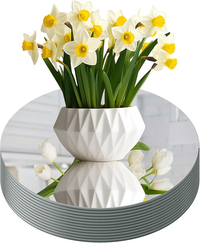 Round Mirror Centerpieces, Set of 12 Pcs 12" Round Glass Mirror Centerpieces for Tables, with Anti Slip Pads, Glass Trays for Wedding Decorations, Parties, Baby Shower Party