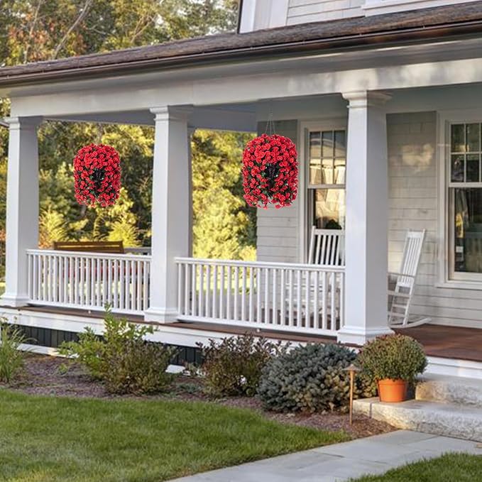 Artificial Fake Red Hanging Flowers Plants Baskets for Outdoor Winter Christmas, Faux Silk UV Resistant Look Real Morning Glory Vines for Outside Porch Patio Balcony Garden Yard Home Decor