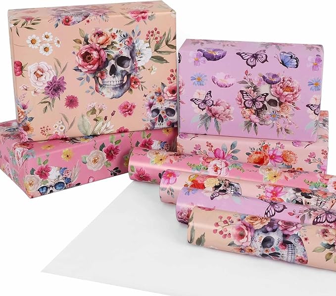 Aimyoo Gothic Wrapping Paper Rolls, 17 Inch X 16.5 Feet - 4 Rolls - Skull Floral Butterfly Design Gift Wrap Paper for Mother's Day, Birthday Bridal Shower
