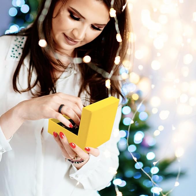 Gift Box Necklace Earring Ring Set, 12 Pieces Square Cardboard Jewelry Boxes, Cotton Filled Paper Case (3.5x3.5x1.25 Inches) (Yellow)
