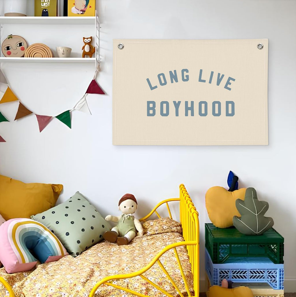 Boys Room Decor, Long Live Boyhood Banner, Baby Boy Shower Decorations, Linen Canvas Banner Wall Hanging Flag Decor for Toddler Boy Room Nursery Playroom 20x30