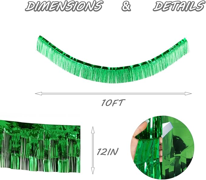 Green Foil Fringe Garland 10FT 6packs, Metallic Foil Tinsel Fringe Banners for Parade Float Decorations Wedding, Birthday Party Graduation (six Green)