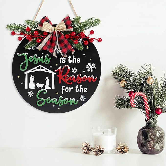 CHDITB Jesus is The Reason for The Season Front Door Sign Wreath(11.4"), Red Green Christmas Decoration Wall Hanging with Snowflakes Bow Berries, Wooden 3D Farmhouse Xmas Decor for Porch Indoor