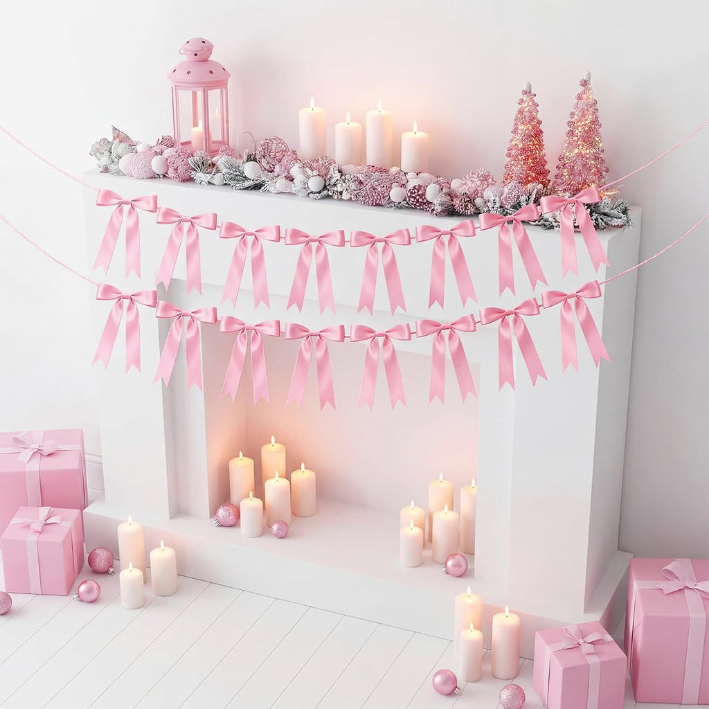 2 Pcs Pink Bow Garland Banner, Pre-Strung Pink Satin Ribbon Bow Garland Coquette Birthday Decorations for Classroom Decor Wedding Birthday Baby Shower