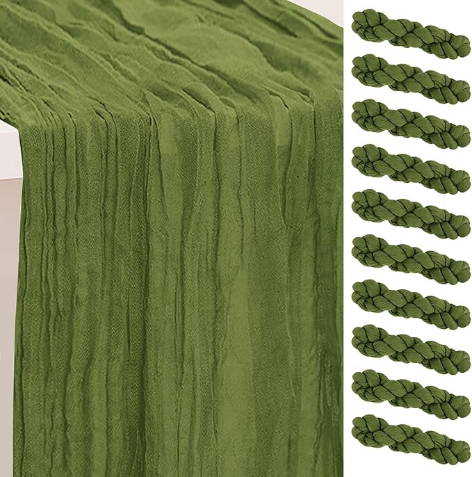 10 Pack Olive Green Cheesecloth Table Runner 35x120 Inch 10Ft Rustic Gauze Cheese Cloth Table Runner Sheer Cheesecloth Table Runners for Wedding Party Bridal Shower Decoration