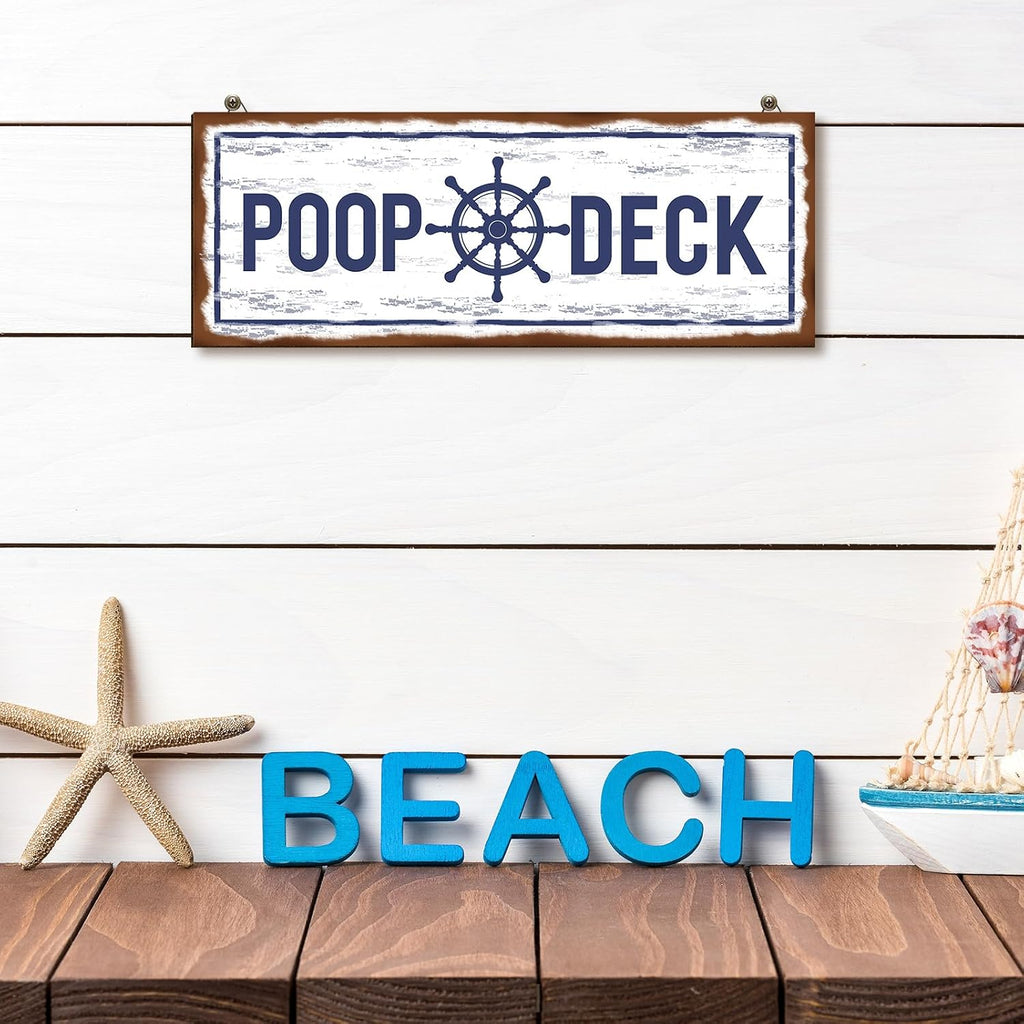 Jetec POOP DECK Sign Nautical Nursery Wall Decor Rustic Beach Bathroom Wood Sign Nautical Boat Decor Ocean Coastal Theme Decorations for Home Hanging for Ocean Bathroom 15.7 x 5.9 Inch(White)