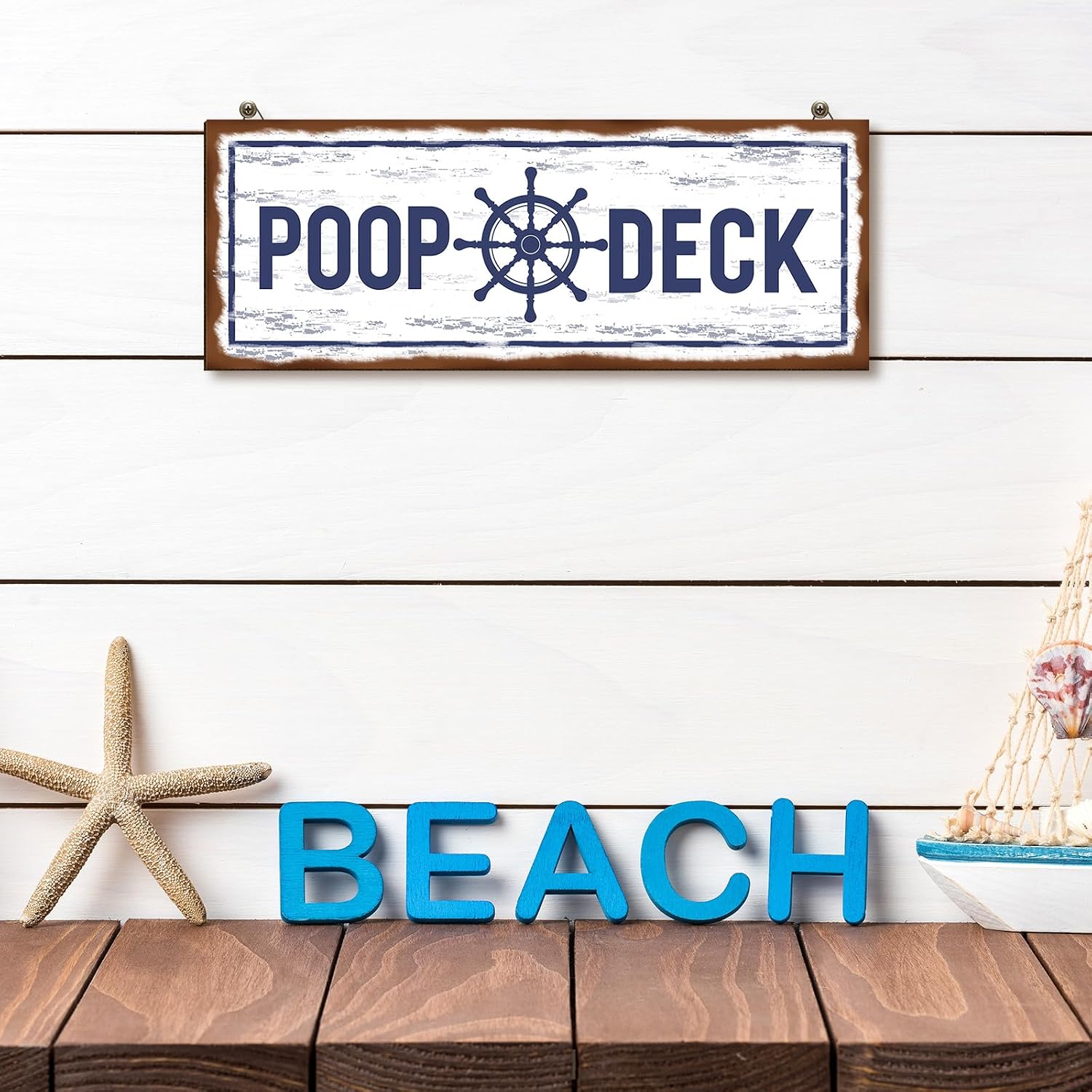 Jetec POOP DECK Sign Nautical Nursery Wall Decor Rustic Beach Bathroom Wood Sign Nautical Boat Decor Ocean Coastal Theme Decorations for Home Hanging for Ocean Bathroom 15.7 x 5.9 Inch(White)