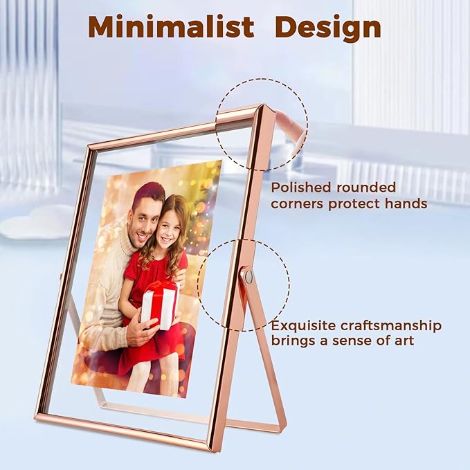 Rose Gold Floating Picture Frame, 6"x8", Vertical, For Picture 5x7, 4x6, 3x5, Medium Tabletop Photo Frame, Classy Gift For Holiday, Birthday or Wedding, Home or Office Décor