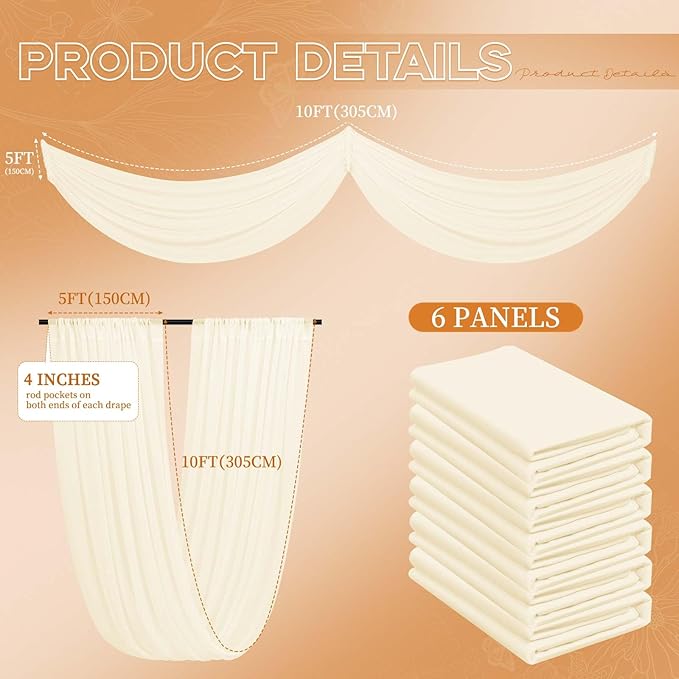 6 Panels Ivory Ceiling Drapes for Wedding 5ftx10ft Wedding Arch Draping Fabric Cheesecloth Sheer Curtain Romantic Decorations for Party Banquet Ceremony Stage