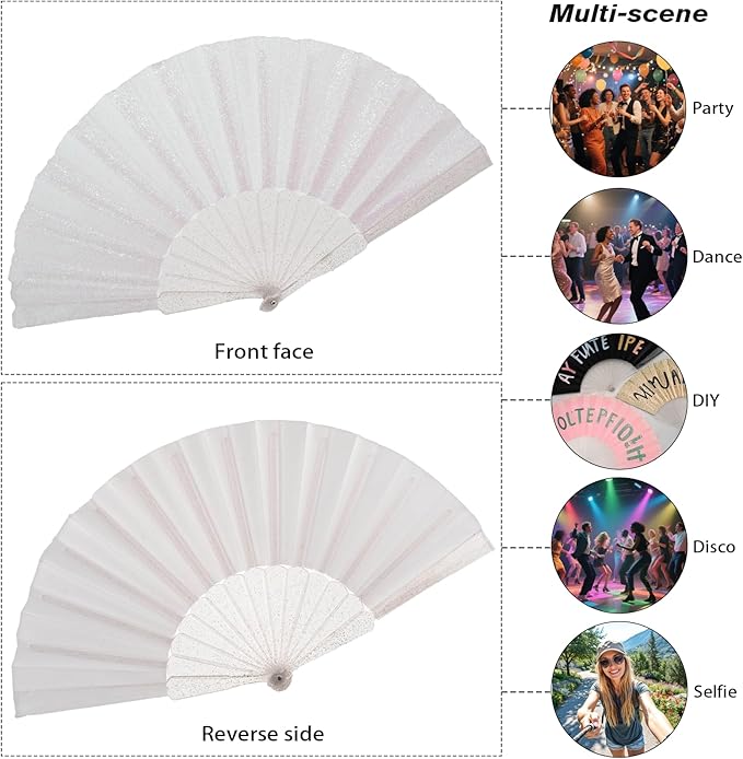 12 Pack Handheld Fan,Folding Hand Glitter Fan with Shining Transparent Fan Rib – Ideal for Wedding, Church, Festival, Dance, Tea Party, Club, and EDM Accessories, White
