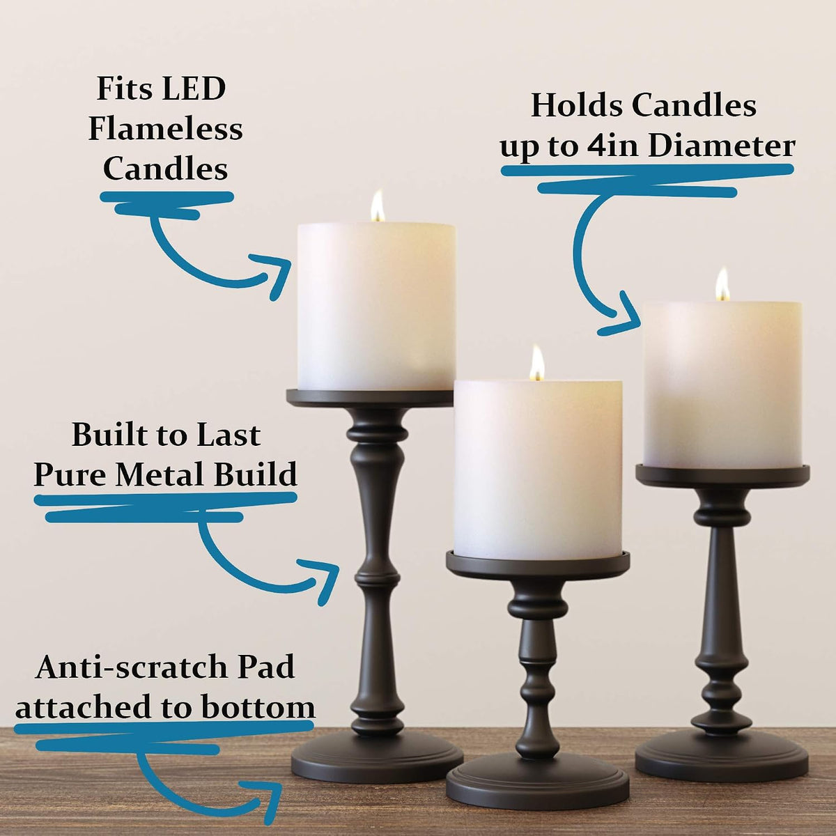 Candle Holders Set of 3 Matte Black, 6, 8,10" Tall Metal for Pillar Candles