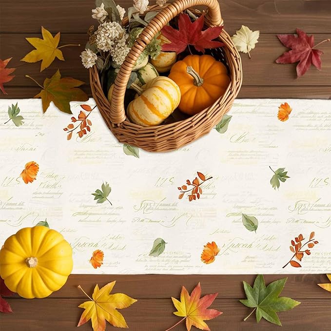 Fall Wildflowers Cotton Linen Table Runner for Dining Kitchen, Thanksgiving Pumpkin Outdoor Party Rustic Tablerunners Decoration, Botanical Floral Vintage Dresser Scarf Tablecloth Runners 13x72 Inches