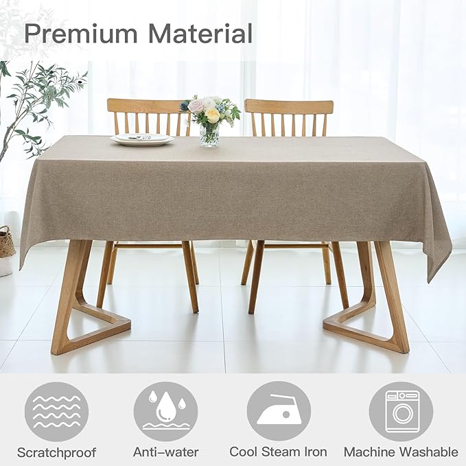 maxmill Linen Textured Rectangular Tablecloth Water Resistant Wrinkle Free Spill-Proof Stain Proof Table Cloth for Dining Room Decoration, Banquet Party Wedding Holiday Dinner, 60 x 84 Inch, Mocha