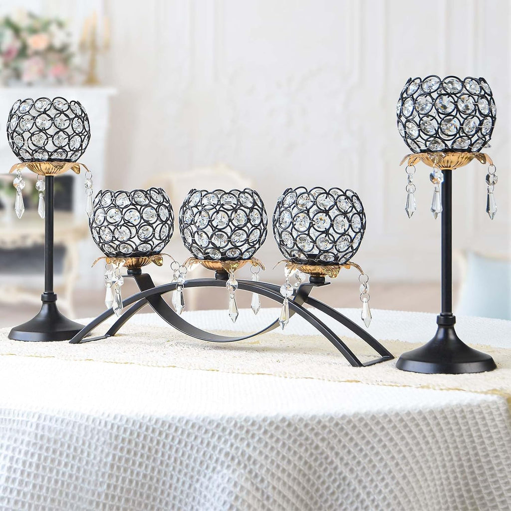 Set of 3 Crystal Tea Light Candlestick Holders Flower Shape with Crystal Pendant Bowl Votive Metal Candle Holder for Table Centerpieces Wedding Home Decor (Black+Gold)