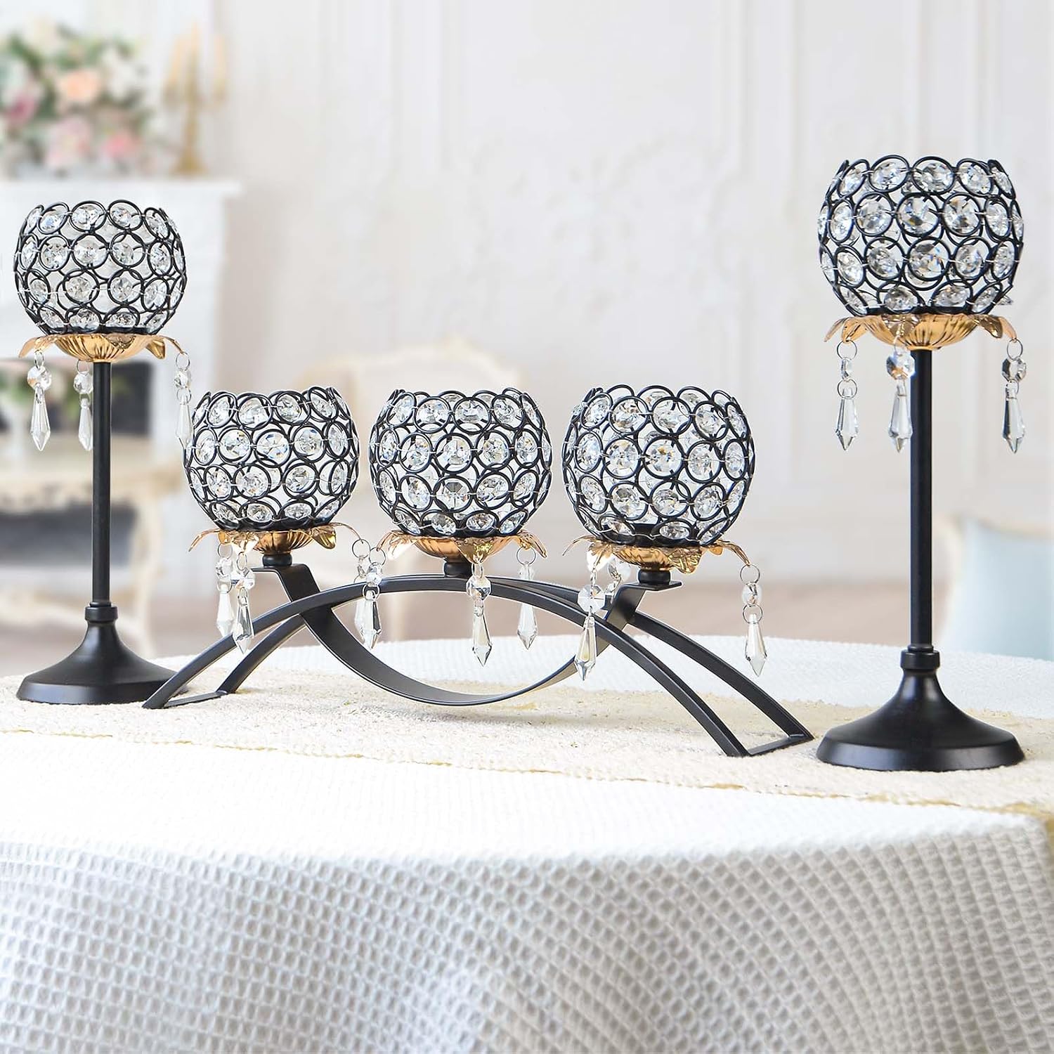 Set of 3 Crystal Tea Light Candlestick Holders Flower Shape with Crystal Pendant Bowl Votive Metal Candle Holder for Table Centerpieces Wedding Home Decor (Black+Gold)