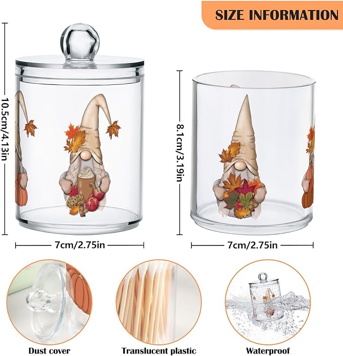 Gredecor 4 Pack Apothecary Jars with Lid Fall Gnome Maple Pumpkins Qtip Holder Dispenser Storage Containers Clear Plastic Cute Fall Autumn Thanksgiving Theme Canisters for Bathroom Vanity Organization