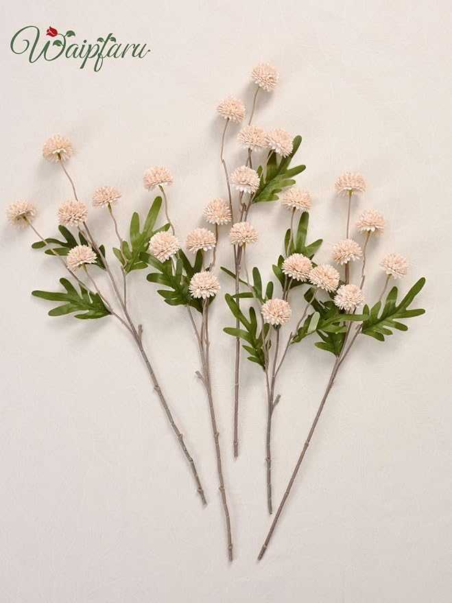 Waipfaru 10pcs Fake Silk Pompon Mum Artificial Flowers, Bulk Faux Mini Chrysanthemums with 2pcs Eucalyptus Stems, for Centerpieces Wedding Fillers Champagne Arrangements Boho Decor, No vase, Beige