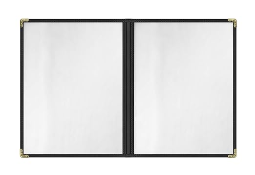Goodsmart Restaurant Menu Covers - 25 Pack Black 8.5" x 11", 2-Page/4-View, Side-Loading Vinyl Menu Holders, Clear Sleeves, Double-Stitched Edge, Leather-Style Café Covers with Gold Corners