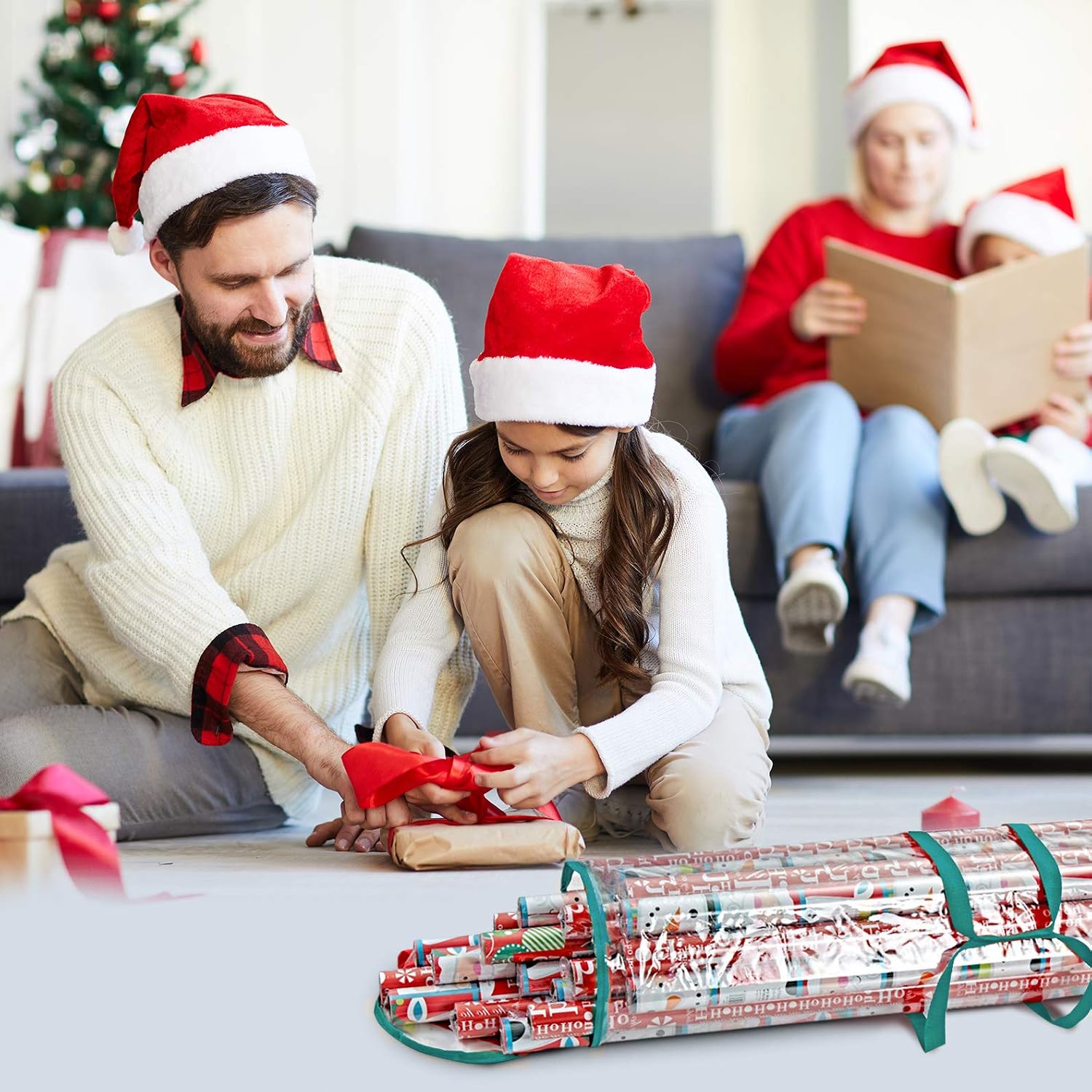 ProPik Christmas Wrapping Paper Storage Bag, Organizer Fits Up to 24 Rolls 40 Inch, Clear Heavy Duty PVC Bag with Handles and Zippered Top for Gift Wrap and Ribbons (Green)