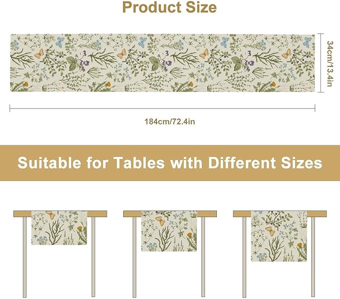 Floral Table Runner,Wildflower Spring Table Runner Seasonal Summer Butterfly Kitchen Dining Table Decoration for Home Party 13x90 Inch